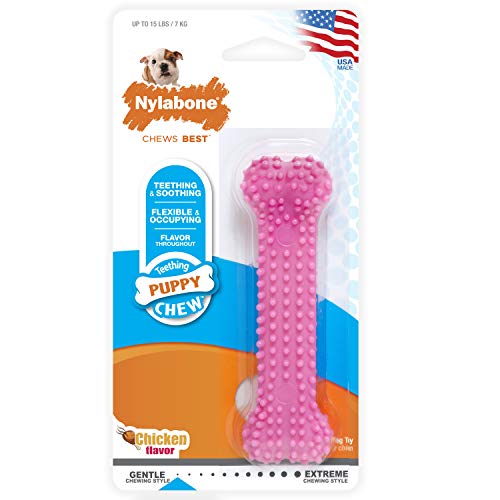 Book Cover Nylabone Puppy Teething & Soothing Flexible Chew Toy Chicken Flavor, Pink, X-Small/Petite - Up to 15 lbs.