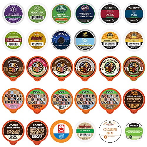 Book Cover Decaf Coffee Pods Variety Pack Sampler, Assorted Unflavored & Flavored Coffee Pods Compatible with Keurig K Cups Brewers, Decaffeinated Coffee Capsules, 30 Count - No Duplicates