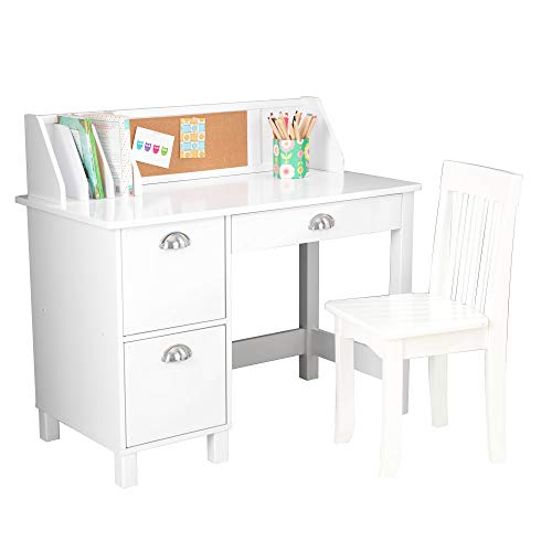 Book Cover KidKraft Wooden Study Desk for Children with Chair, Bulletin Board and Cabinets, White, Gift for Ages 5-10