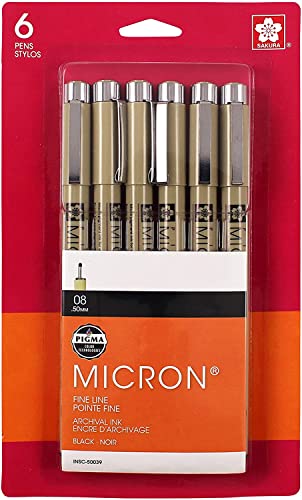 Book Cover SAKURA Pigma Micron Fineliner Pens - Archival Black Ink Pens - Pens for Writing, Drawing, or Journaling - Black Colored Ink - 08 Point Size - 6 Pack