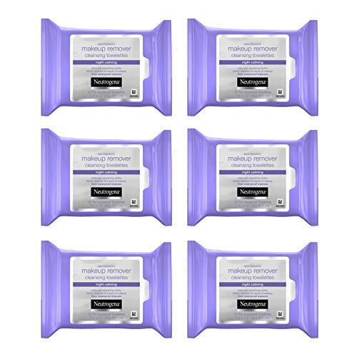 Neutrogena Night Calming Cleansing Makeup Remover Face Wipes, Disposable Nighttime Facial Towelettes to Remove Dirt, Oil & Waterproof Mascara, Alcohol-Free, 25 Count, Pack of 6