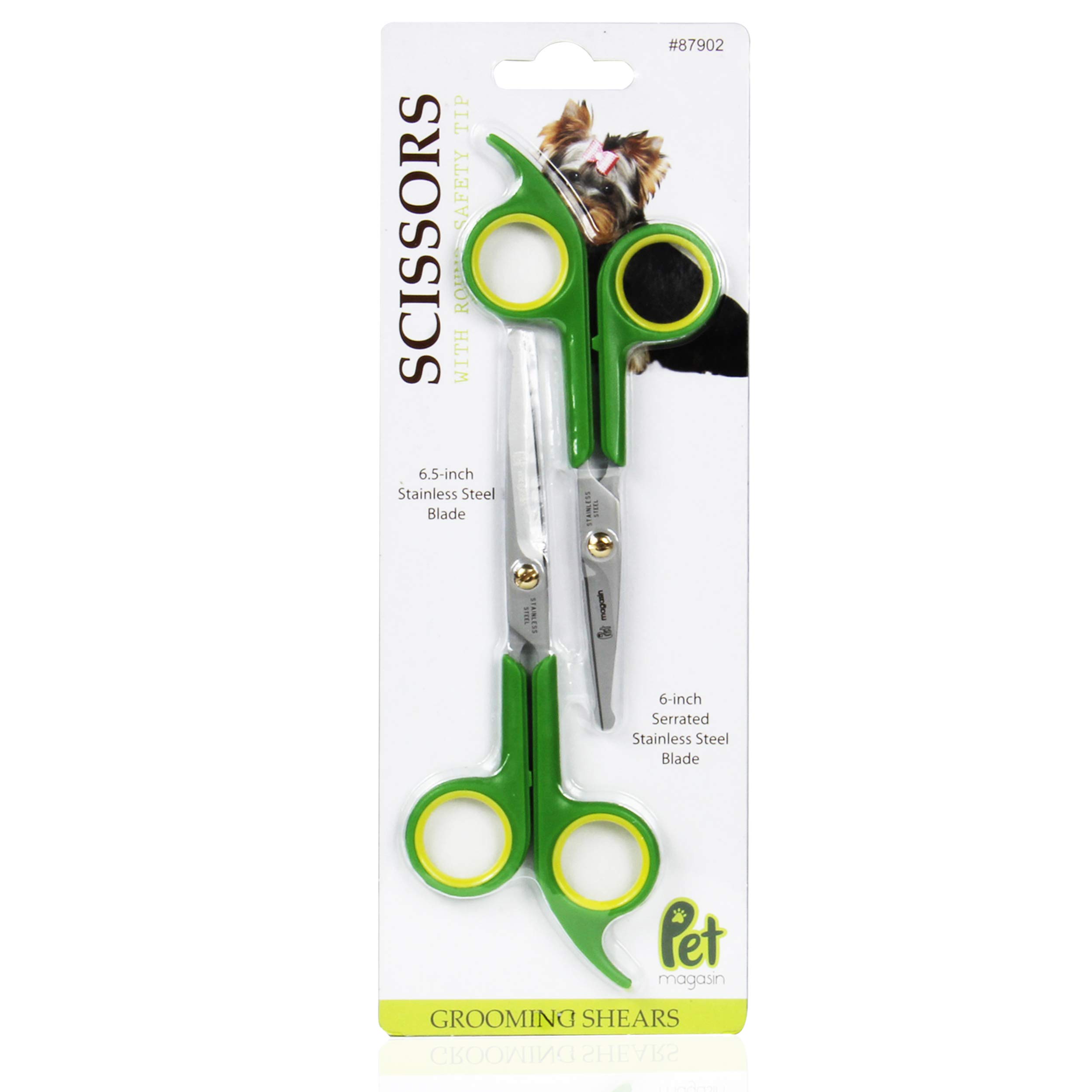 PET MAGASIN Japanese Stainless Steel Grooming Scissors (2) for Facial Hair and Larger for Body Trimming with Round Tip Grooming Sets