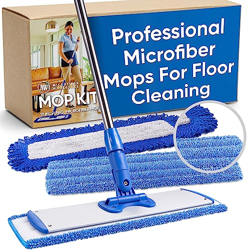 18" Professional Microfiber Mop - Hardwood Floor Mop - Dry & Wet Mop for Wood, Laminate, Tile, Vinyl Floors | Washable Pads | Wet & Dust Mopping | Adjustable Handle + 1 Microfiber Cloth