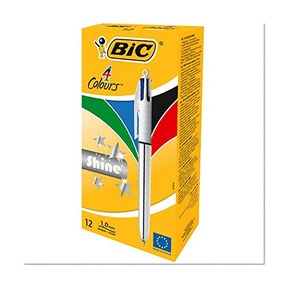 BIC 4 Couleurs Shine Stylos-Bille Rétractables Pointe Moyenne (1,0 mm) - Corps Argenté Métallisé, Boîte de 12