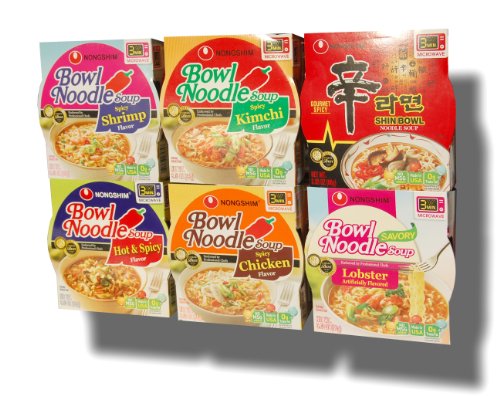 Nongshim Bowl Instant Noodle Soup Assorted Bundle 6 Flavors: Shin Bowl + Lobster + Spicy Shrimp + Spicy Kimchi + Spicy Chicken + Hot & Spicy (12-pack) by Nongshim