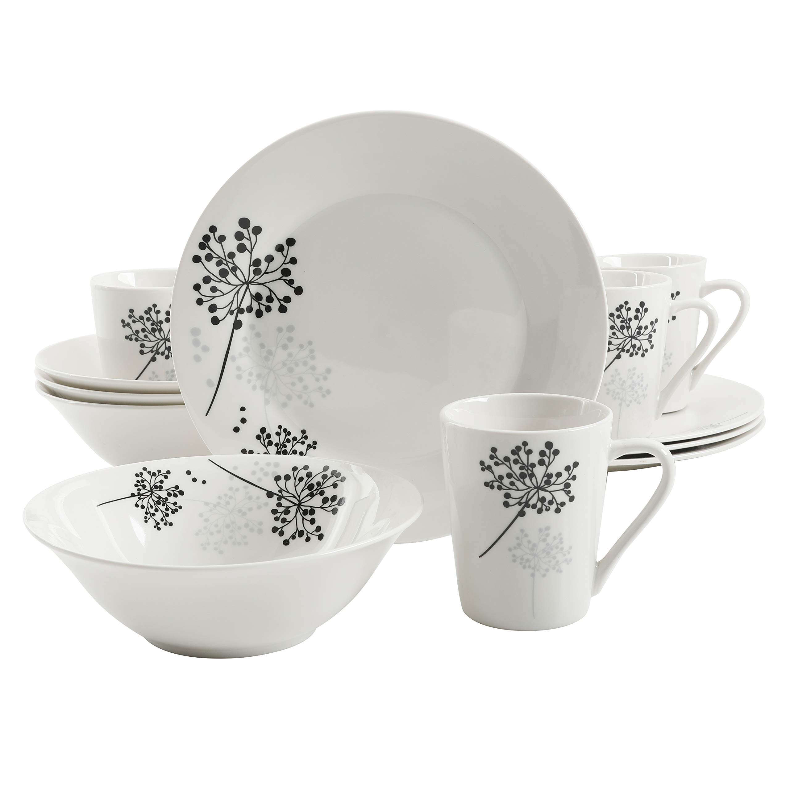 Book Cover Gibson Home Netherwood Round Dinnerware Set, Service for 4 (12) Piece, White White Service for 4 (12) Piece