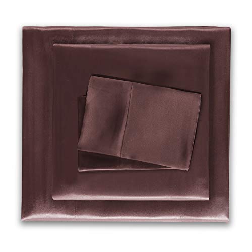 Book Cover HONEYMOON HOME FASHIONS Queen Bed Sheet Set Chocolate Silky Satin Fitted Sheet Set with Deep Pocket - Wrinkle, Fade, Stain Resistant - 4 Piece