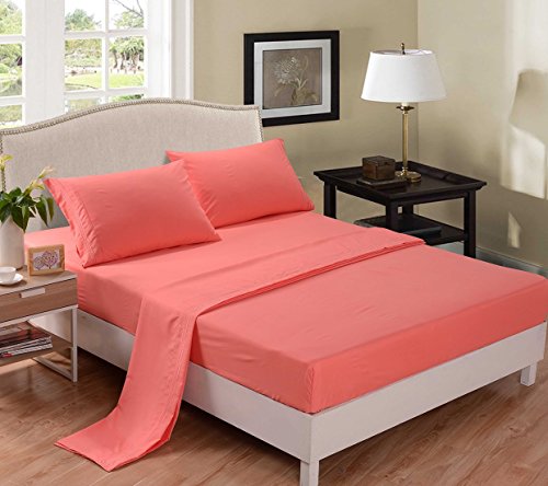 Book Cover wavveUziz 1800 Brushed Microfiber Embroidered Bed Sheet Set, Ultra Soft, Queen - Coral
