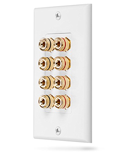 Fosmon (Quad Speaker) Home Theater Wall Plate - Premium Quality Gold Plated Copper Banana Binding Post Coupler Type Audio Wall Plate for 4 Speakers (White)