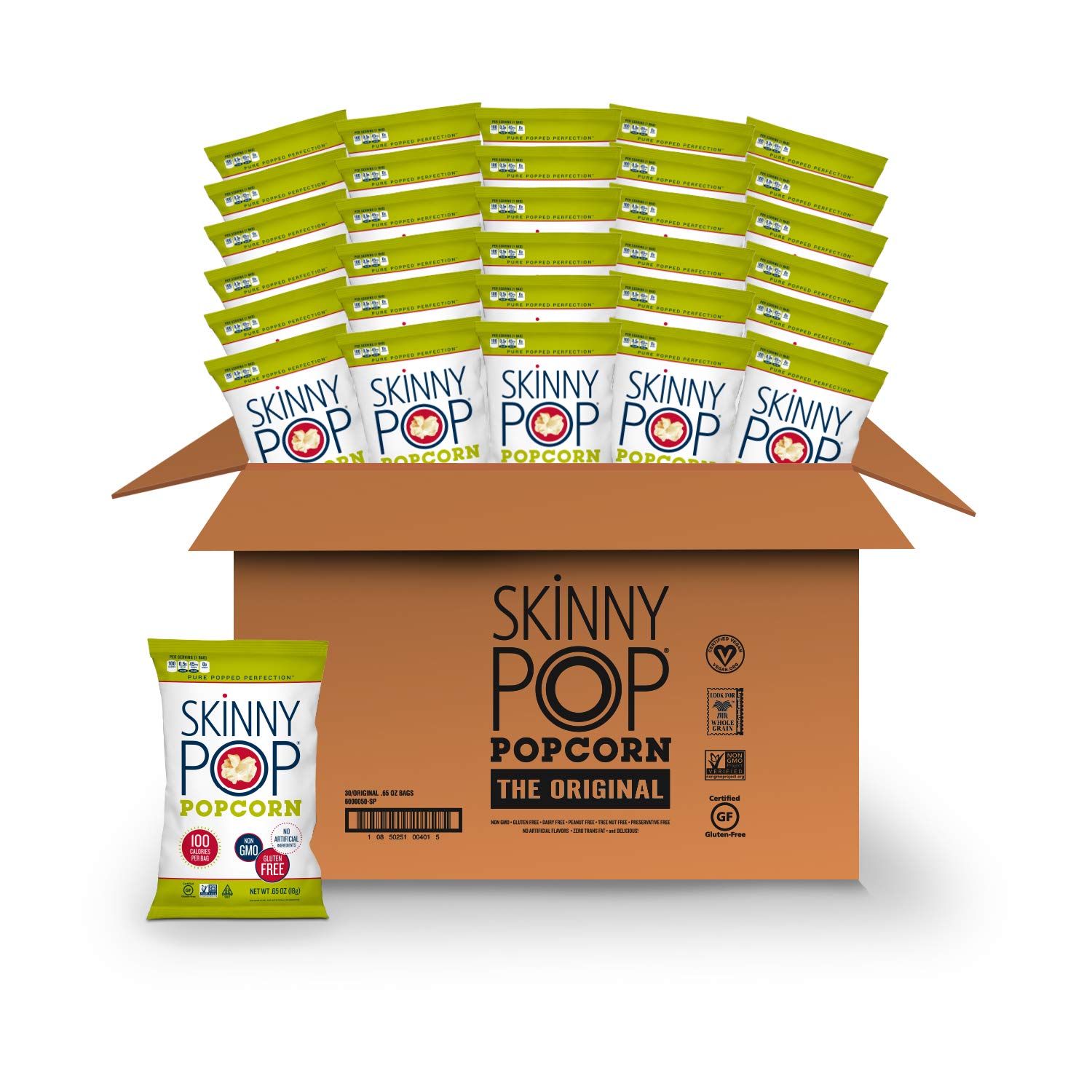 Book Cover SkinnyPop Original Popcorn, 30ct, 0.65oz Individual Snack Size Bags, Skinny Pop, Healthy Popcorn Snacks, Gluten Free