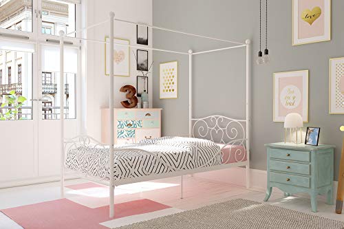 Book Cover DHP Metal Canopy Bed with Sturdy Bed Frame - Twin Size (White)