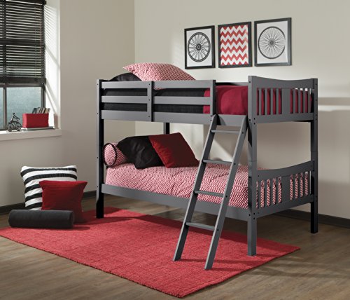 Book Cover Storkcraft Caribou Solid Hardwood Twin Bunk Bed, Gray Twin Bunk Beds for Kids with Ladder and Safety Rail