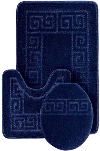 WPM WORLD PRODUCTS MART Bathroom Rugs Set 3 Piece Bath Pattern Rug (20"x32")/Large Contour Mats (20"x20") with Lid Cover (Navy)