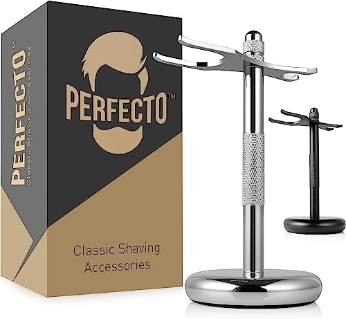 Book Cover Perfecto Deluxe Chrome Razor and Brush Stand - The Best Safety Razor Stand. This Will Prolong The Life of Your Shaving Brush, metal