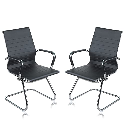 US Office Elements PU Leather Office Guest Chair,Reception Chair, Visitors Chair with Removable Arms - Sled Base Without Wheels for Desk Waiting Area Lobby Conference Room - Set of 2, (Black)