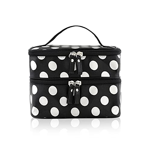 wenettion Double Layer Cosmetic Bag Black with White Dot Travel Toiletry Cosmetic Makeup Bag Organizer With Mirror