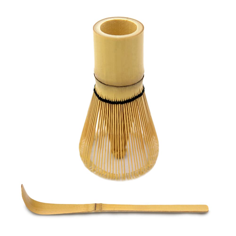 Book Cover Bamboo Whisk (Chasen) and Hooked Bamboo Scoop (Chashaku) - Matcha Tea Whisk for Matcha Tea Preparation - MATCHA DNA Brand - Traditional Matcha Whisk Made from Durable and Sustainable Golden Bamboo Bamboo whisk + Scoop