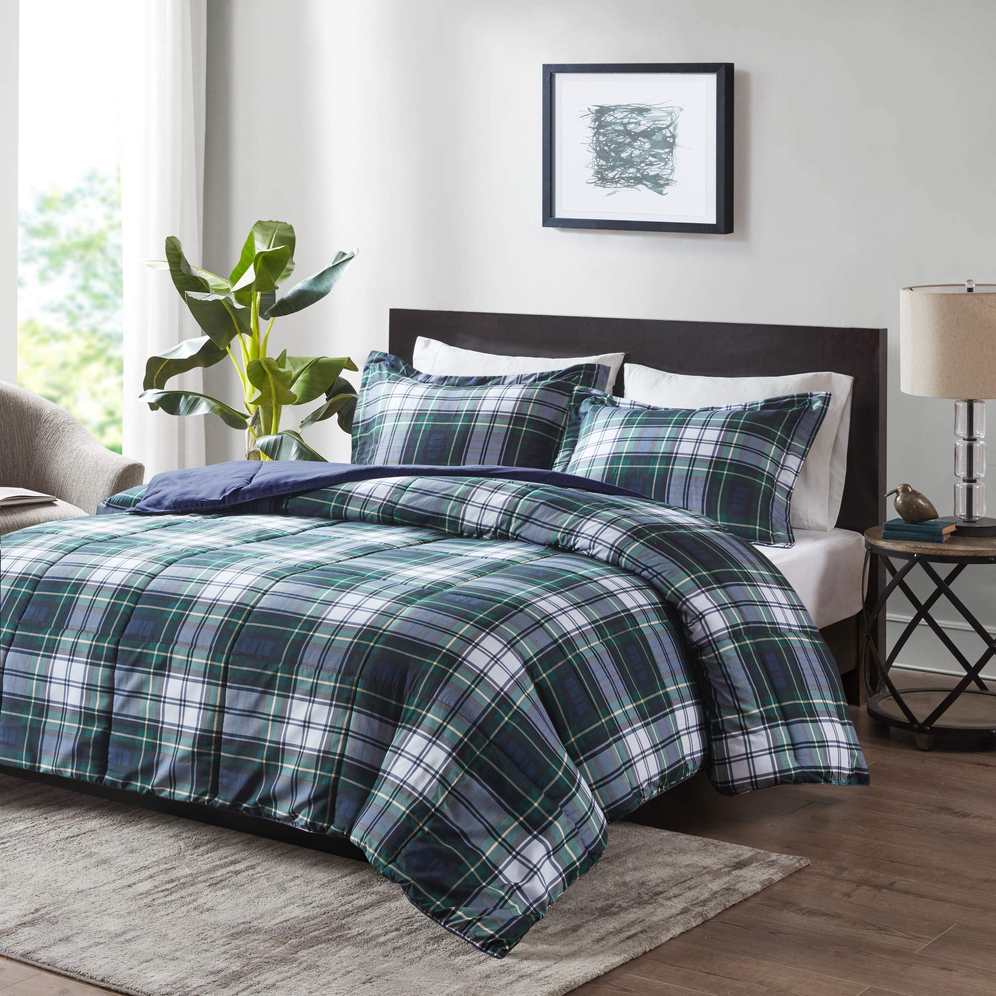 Book Cover Madison Park Essentials Parkston Plaid Comforter, Matching Sham, 3M Scotchguard Stain Release Cover, Hypoallergenic All Season Bedding-Set, Twin/TwinXL, Navy, 2 Piece Navy Twin/Twin XL