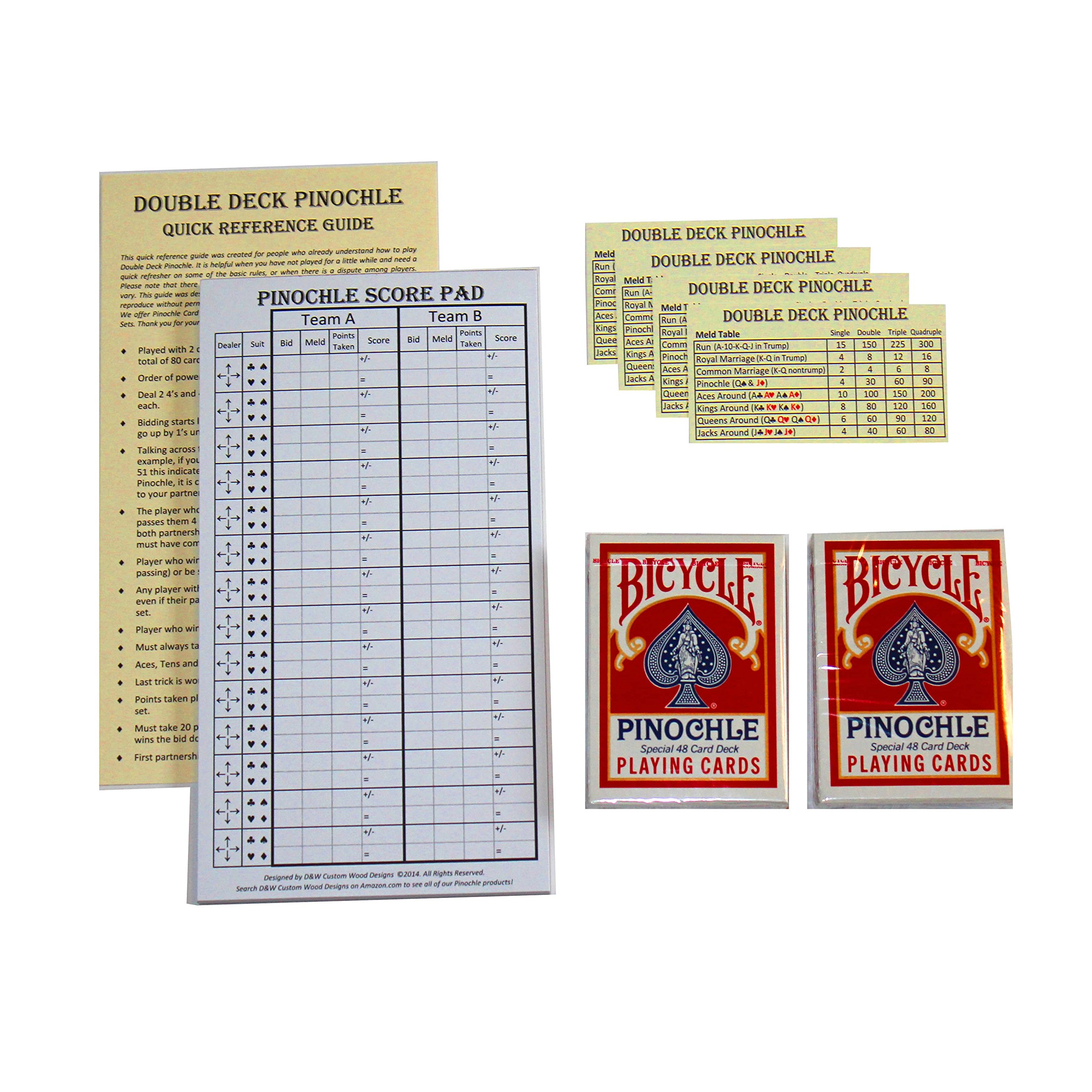 Book Cover D&W Custom Wood Designs Pinochle Score Pad Gift Set (Red): 40 Page Score Pad, Two Decks Red Bicycle Pinochle Playing Cards, Four Meld Tables and Double Pinochle Quick Reference Guide
