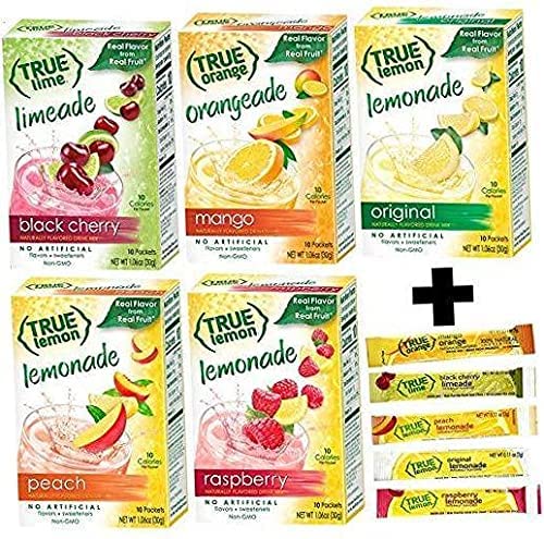 True Lemon Assorted Beverage Pack: (5boxes 10ct each) with 5 FREE BONUS Sticks of Lemonade! True Lemon Original Lemonade, True Peach Lemonade, True Black Cherry Limeade, True Mango Orange and True Raspberry Lemonade. Assorted True Lemonade Drink