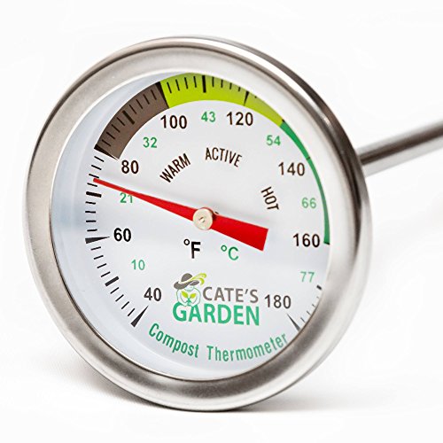 Compost Thermometer - Cate's Garden Premium Stainless Steel Bimetal Thermometer for Backyard Composting - 2 Inch Diameter Fahrenheit/Celsius Dial, 20 Inch Temperature Probe