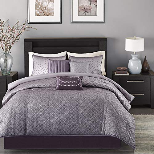 Book Cover Madison Park Biloxi Jacquard Comforter Set-Modern Geometric Design All Season Down Alternative Cozy Bedding with Matching, Shams, Decorative Pillow, King (104 in x 92 in), Ombre Purple, 7 Piece