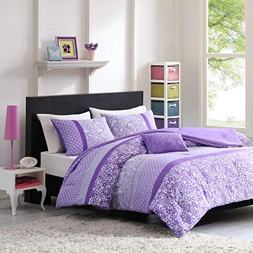 Book Cover Mi Zone Riley Comforter Set Full/Queen Size - Purple , Floral â€“ 4 Piece Bed Sets â€“ Ultra Soft Microfiber Teen Bedding For Girls Bedroom