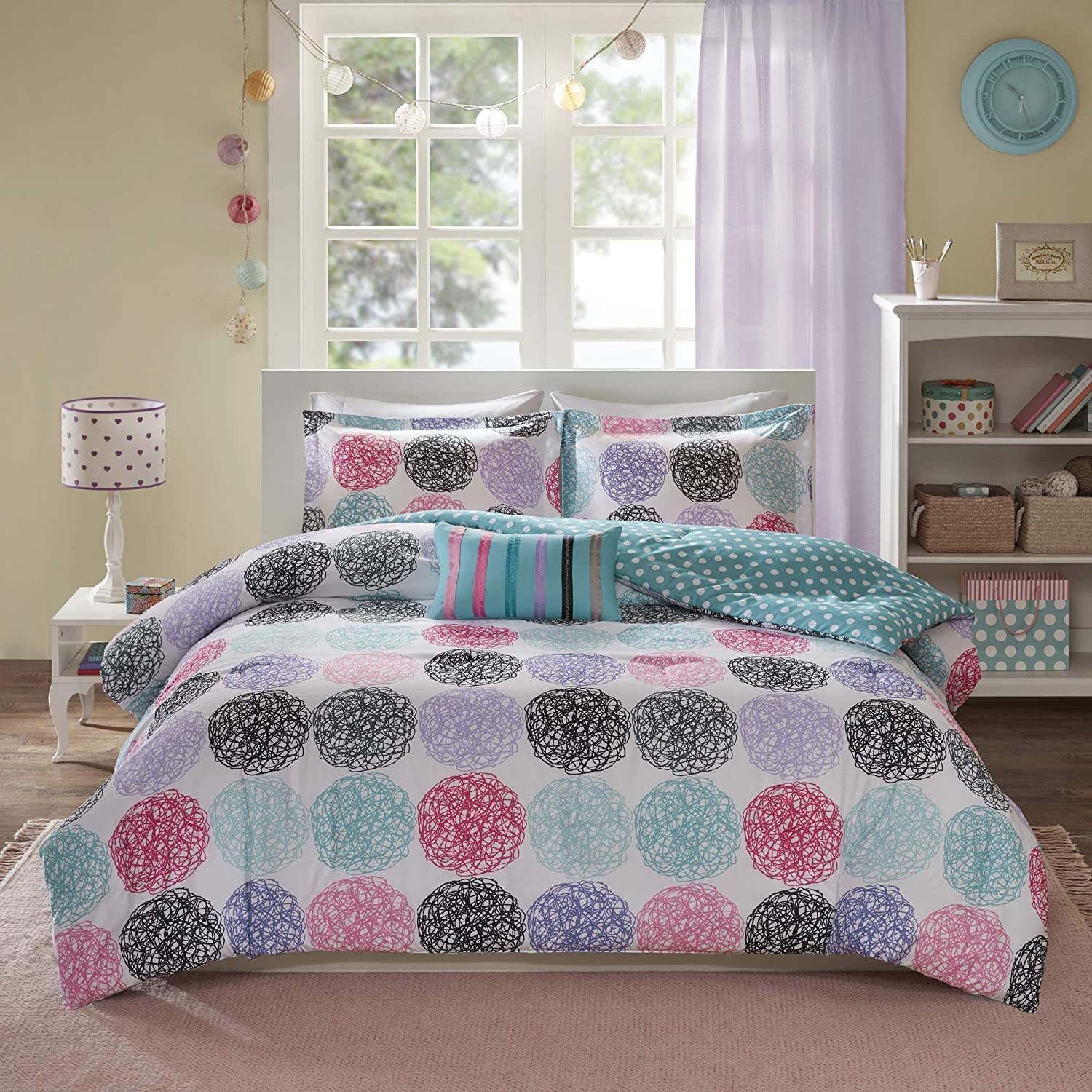 Book Cover Mi Zone Carly Comforter Set, Doodled Circles Polka Dots Bed Sets – Ultra Soft Microfiber Teen Bedding For Girls Bedroom, Full/Queen, Teal Purple 4 Piece Full/Queen Carly Purple Comforter
