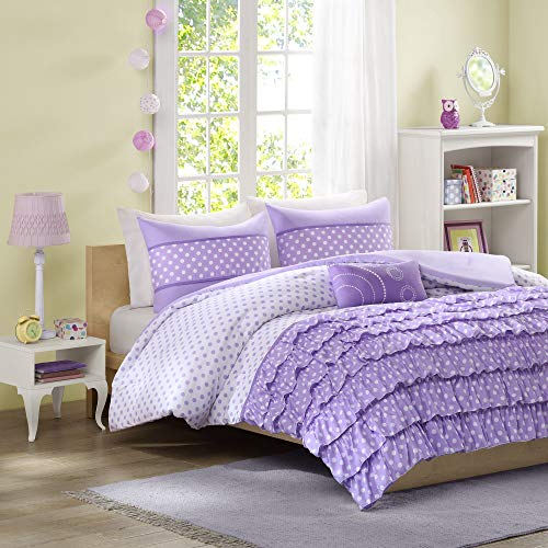 Book Cover Mi Zone Morgan Cozy Comforter Set - Polka Dots with Ruffle Design, All Season Down Alternative Cozy Bedding with Matching Shams, Decorative Pillow, Purple Full/Queen 4 Piece