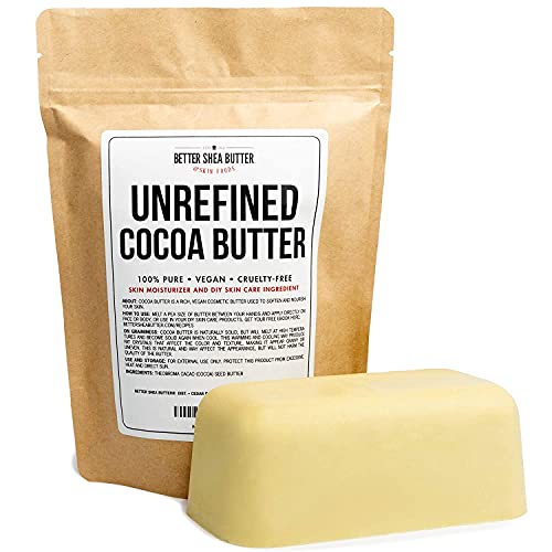 Book Cover Unrefined Cocoa Butter - Use on Pregnancy Stretch Marks, Make Moisturizing Lotion, Chap Stick, Lip Balm and Body Butter - 100% Pure, Food Grade, Smells Like Chocolate - 16 oz by Better Shea Butter