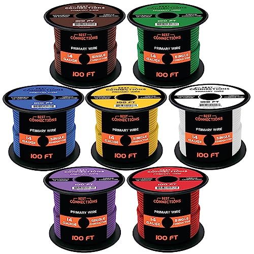 BEST CONNECTIONS 14 Gauge Automotive Primary Wire (100ft Each – 7 Color Bundle Set)– Durable Primary/Remote, Power/Ground Electrical Wire for Trailer, Car Audio, Lighting Circuits– 700ft Total