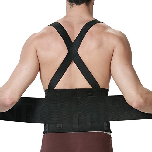 Book Cover Lumbar Support Belt with Suspenders for Men - Adjustable & Light - Back Brace Shoulder Holsters - Lower Back Pain, Work, Lifting, Exercise, Sport - Neotech Care Brand - Black - Size L