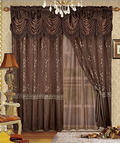 Book Cover Fancy Collection Embroidery Curtain Set 1 Panel Chocolate Brown with Gold Drapes with Backing & Valance Monica New