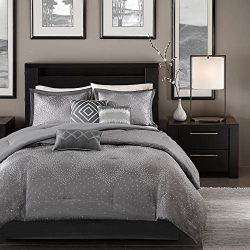 Madison Park Cozy Comforter Set - Trendy Design, All Season Down Alternative Luxury Bedding with Matching Shams, Decorative Pillows, Quinn, Sequins Jacquard Grey Cal King(104"x92") 7 Piece
