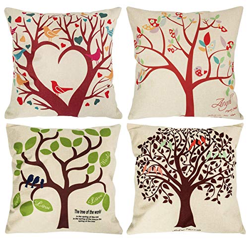 NYKKOLA Soild Linen Tree Theme Throw Pillow Covers Set of 4, Decorative Pillowcase Cushion Cover for Sofa Bedroom Car 18 x 18 Inch 45 x 45 cm (Style 05)