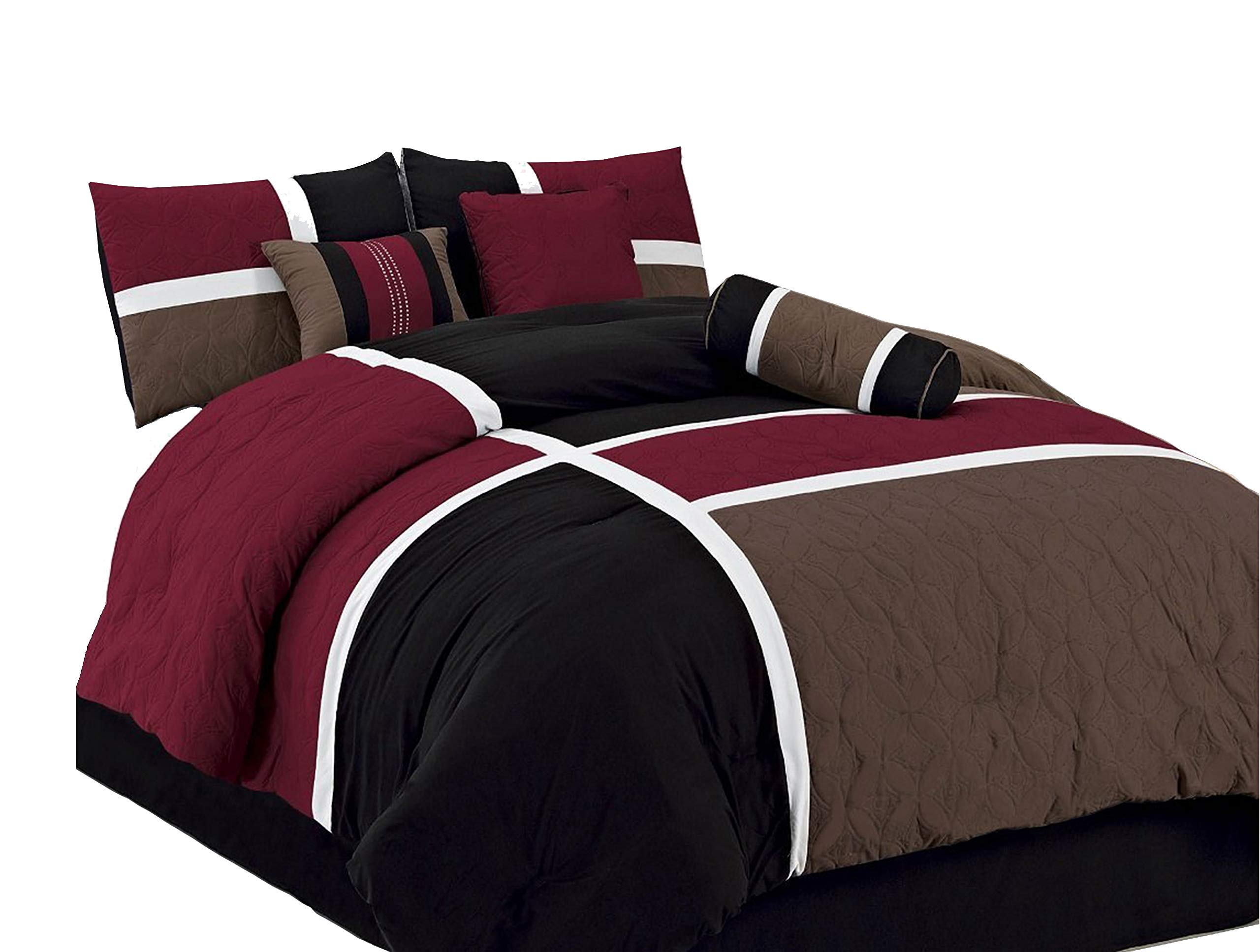 Book Cover Chezmoi Collection 7-Piece Quilted Patchwork Comforter Set (California King, Burgundy/Brown/Black) California King Burgundy/Brown/Black