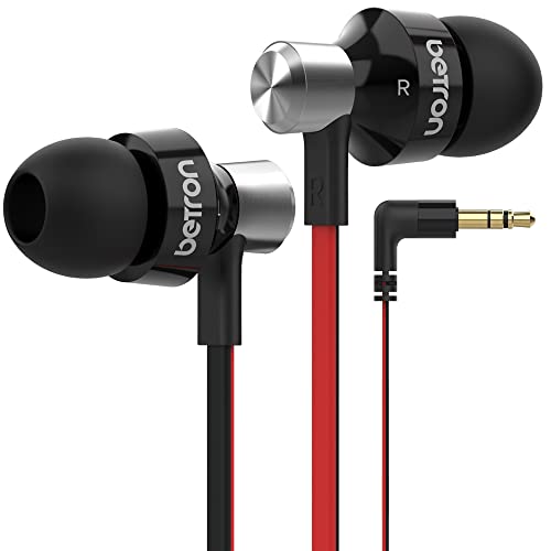 Betron DC950 in Ear Headphones Earphones Wired with Tangle Free Flat Cable HD Bass Lightweight Case Noise Isolating Earbuds 3.5 mm Jack Plug, (Black)