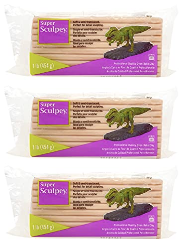 Super Sculpey Beige Oven-Bake Clay Ceramic-Like Sculpturing Compound - Semi-Translucent Finish, Shatter and Chip Resistant – 1 LB, Pack of 3
