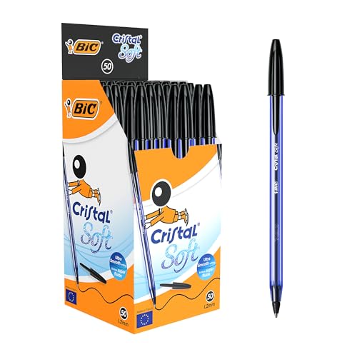 BIC 921263 Cristal Soft Ballpoint Pens Non-Retractable Black Box of 50