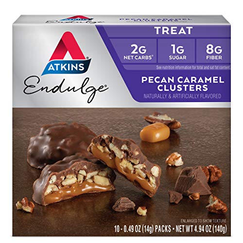 Atkins Pecan Caramel Clusters. Rich and Decadent Treats with Chocolate, Caramel, and Pecans. (10 Clusters per Box), 0.49 Ounce (Pack of 10)