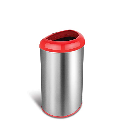 Book Cover NINESTARS OTT-50-19RD Open Top Office Bathroom Trash Can, 13 Gal 50L, Stainless Steel Base (D Shape, Red Lid)