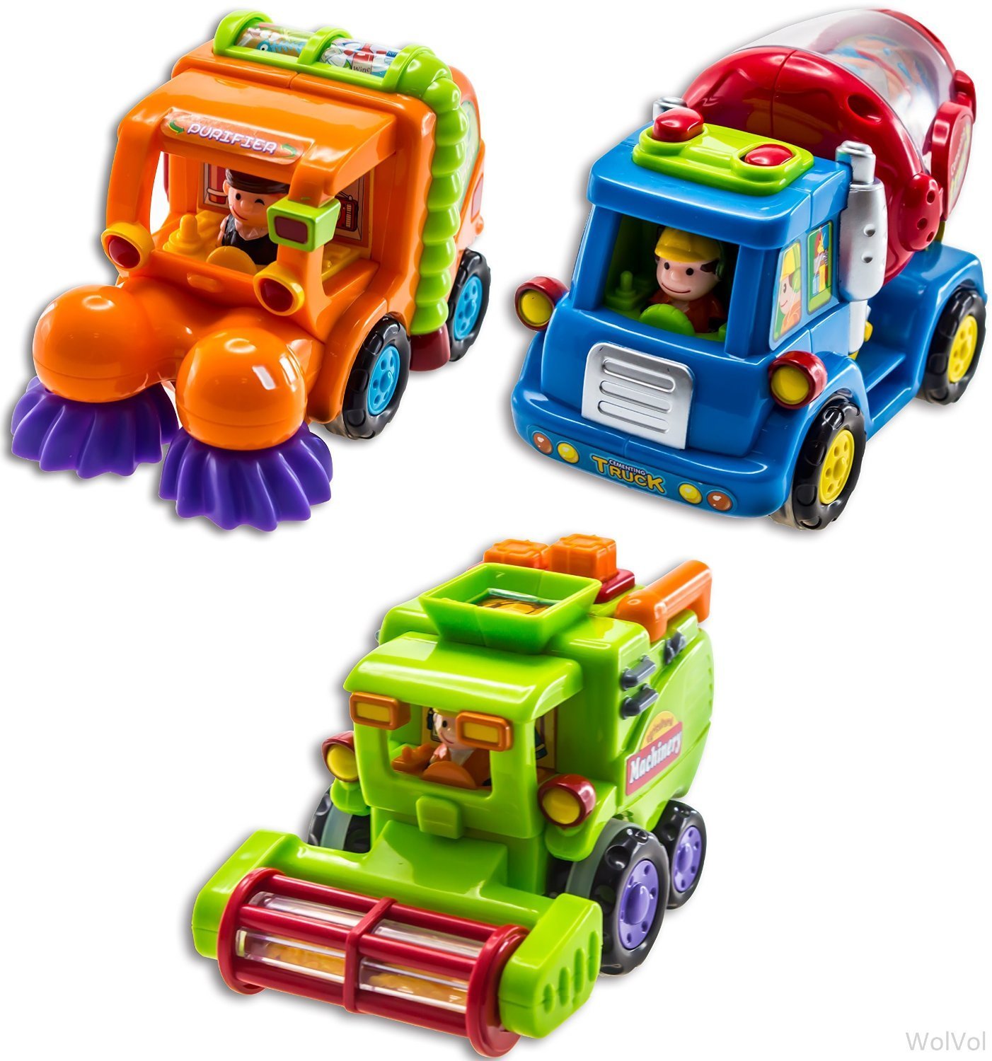 Book Cover WolVol (Set of 3 Push and Go Friction Powered Car Toys for Boys - Street Sweeper Truck, Cement Mixer Truck, Harvester Toy Truck (Cars Have Automatic Functions)