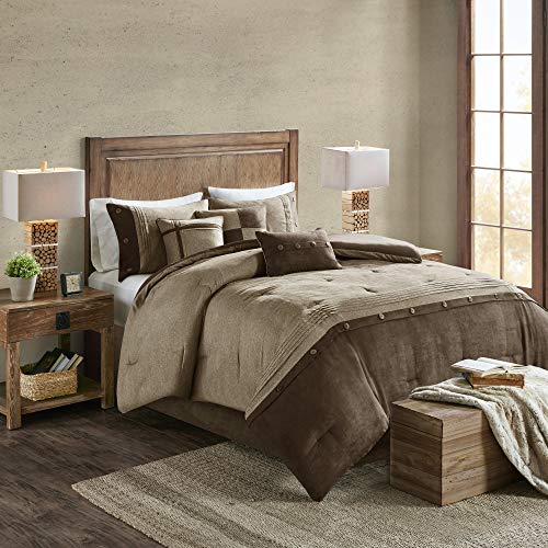 Book Cover Madison Park Boone Comforter Set-Rustic Cabin Lodge Faux Suede Design All Season Down Alternative Cozy Bedding with Matching Bedskirt, Shams, Decorative Pillow, Queen (90 in x 90 in), Brown, 7 Piece