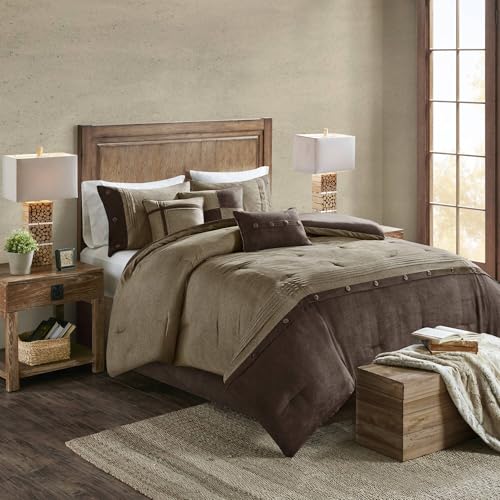 Madison Park Boone Cal King Size Bed Comforter Set Bed in A Bag - Brown, Textured Print - 7 Pieces Bedding Sets - Micro Suede Bedroom Comforters