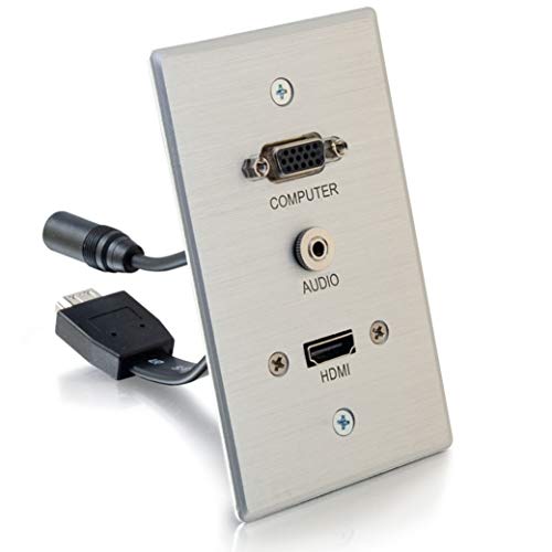 C2G Wall Pass Through For HDMI, VGA, & 3.5mm AUX Cables - Single Gang Wall Plate Includes Flexible HDMI & AUX Pigtail - Brushed Aluminum Design For Sturdy & Stylish Finish - Ideal For Conference Rooms, Model:60144