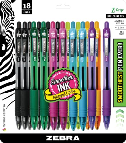 Zebra Pen Z-Grip Retractable Ballpoint Pen, Smooth-Flowing Assorted Fashion Colors, 1.0mm Medium Point, School & Office Supplies, Ideal for Note-Taking, Journal and Planner Use, 18-Pack (22208)