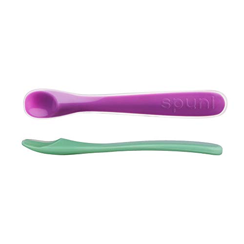 Spuni - First Baby Spoon for 4 Months Onwards, Giggly Green and Peekaboo Purple, 2 Pack