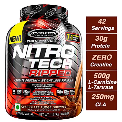 Book Cover MuscleTech Nitro Tech Ripped Ultra Clean Whey Protein Isolate Powder + Weight Loss Formula, Low Sugar, Low Carb, Chocolate Fudge Brownie, 4 Pounds