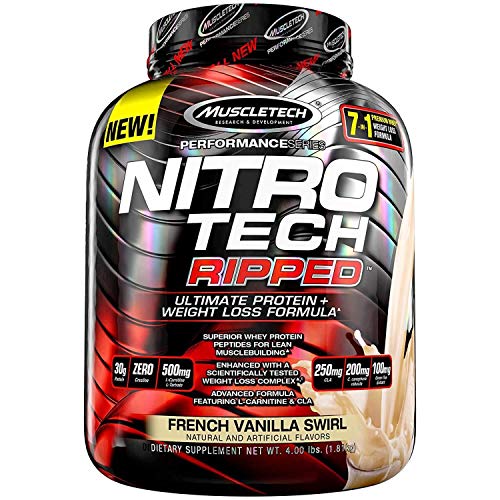 Book Cover MuscleTech Nitro Tech Ripped Ultra Clean Whey Protein Isolate Powder + Weight Loss Formula, Low Sugar, Low Carb, French Vanilla Swirl, 4 Pounds