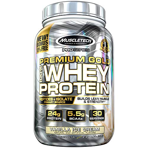 Book Cover MuscleTech Premium Gold 100% Whey Protein Powder, Ultra Fast Absorbing Whey Peptides & Whey Protein Isolate, Vanilla Ice Cream, 30 Servings (2.23lbs)